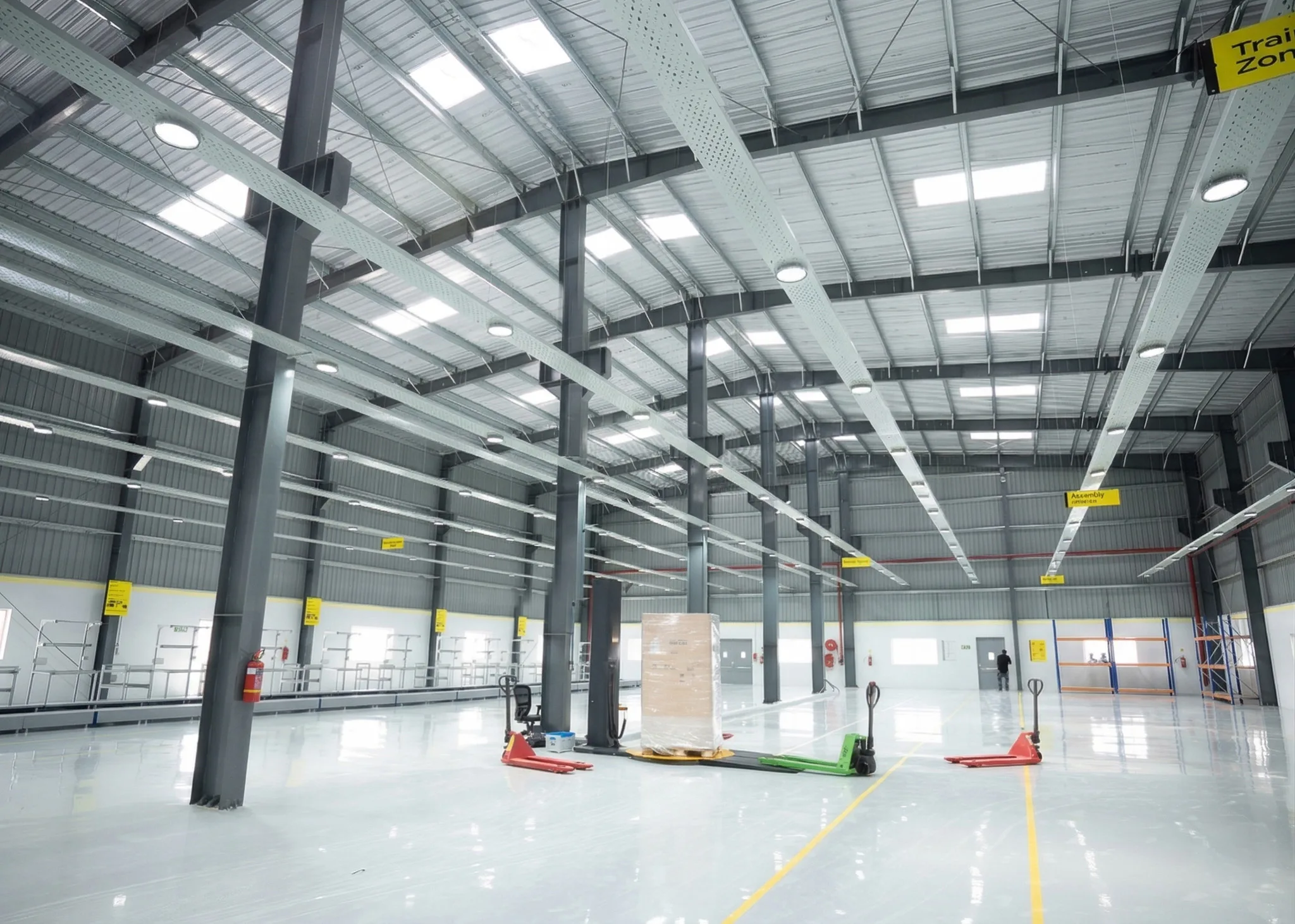 Pre-engineered steel (PEB) warehouse interior with high-bay lighting